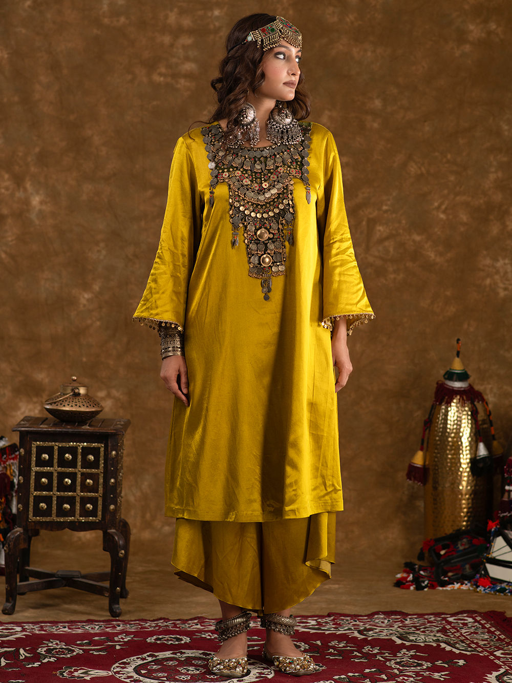 Grey - Plain Mashru Silk with Patchwork Floral A-Line Kurta