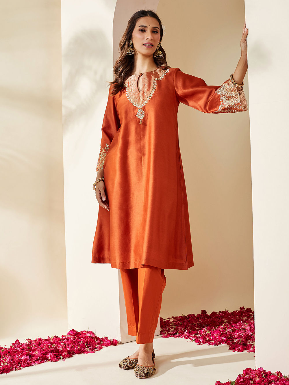 Women Orange Chanderi Cotton Embroidered Kurti With Pant And Duppata Set