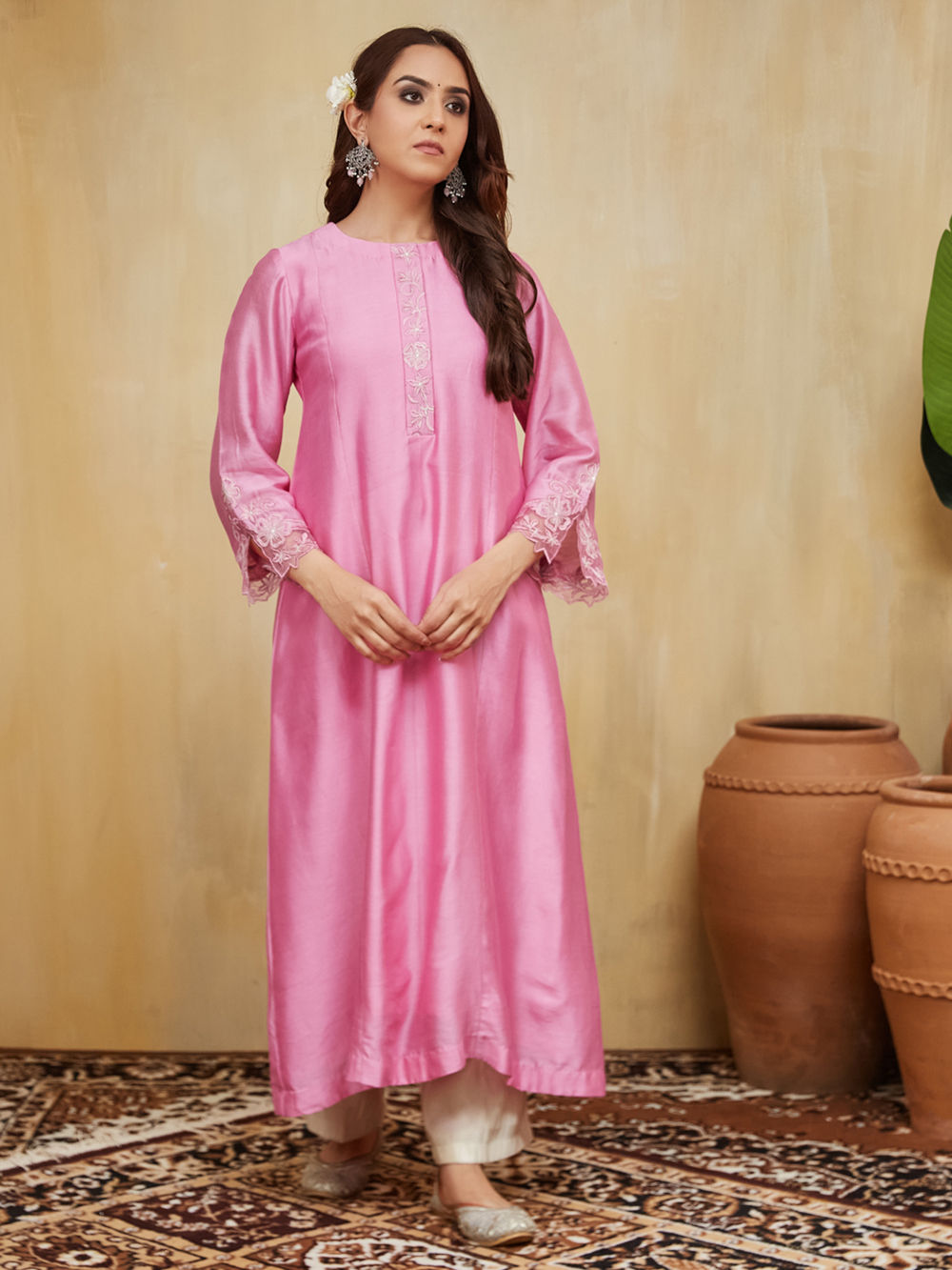 Green Embroidered Cotton Silk Dress