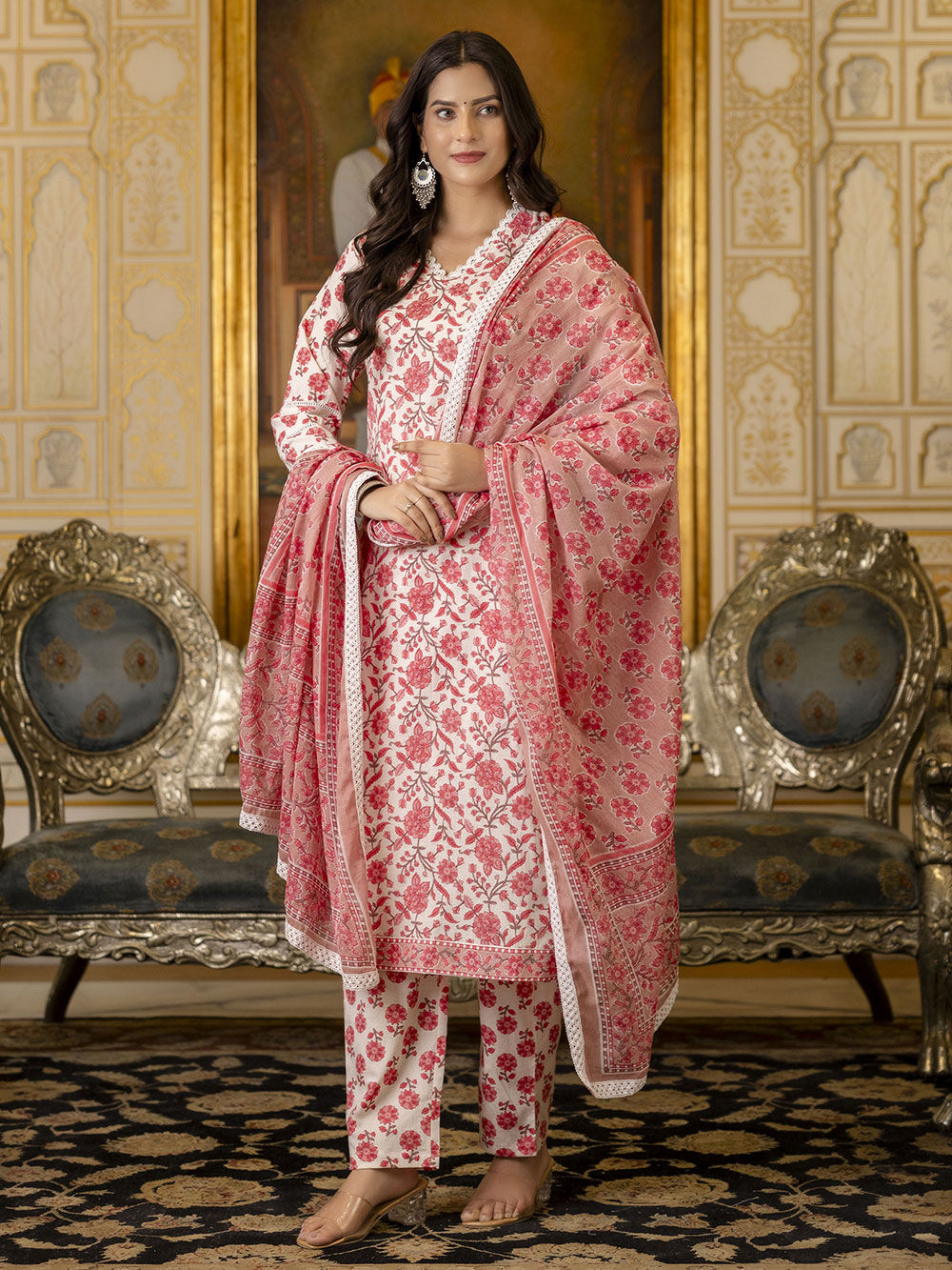 Grey Printed Cotton Suit Set