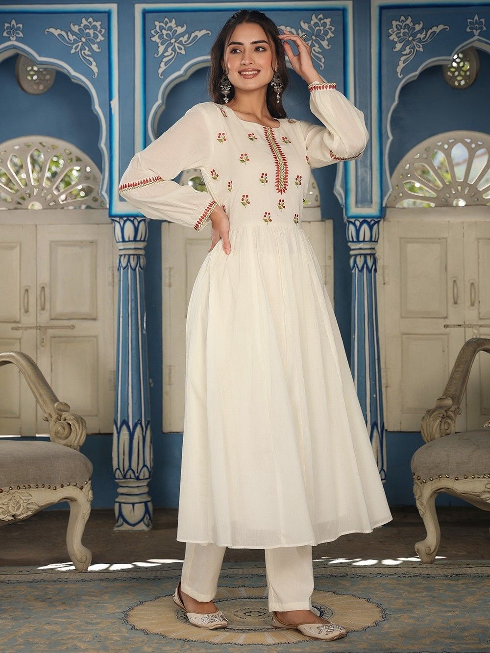 Women's White Printed Cotton Anarkali Kurta main image 1