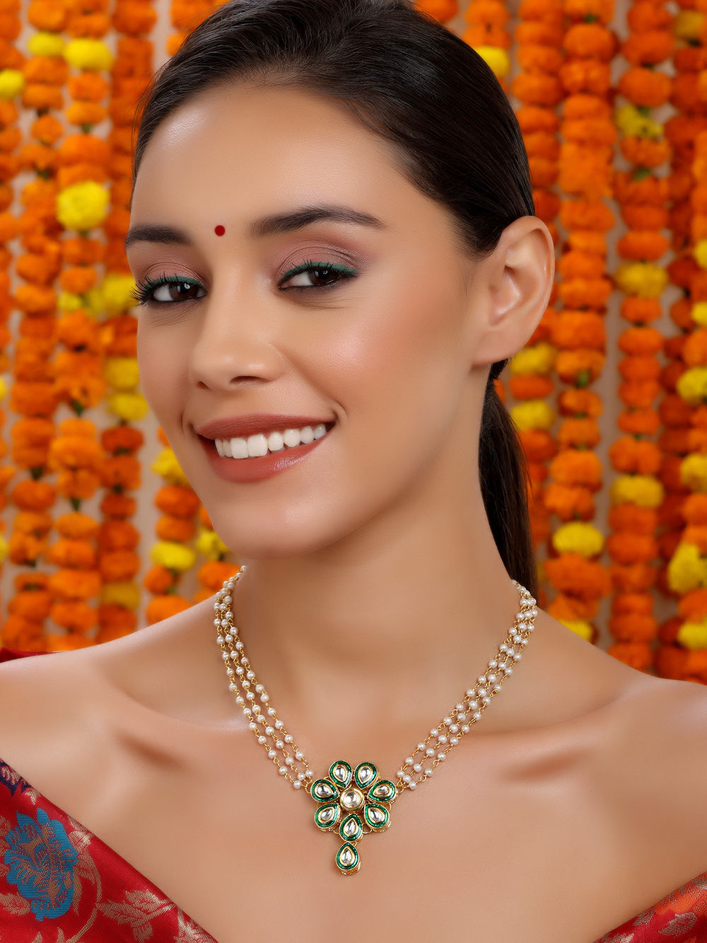 Gold Toned Green Handcrafted Brass Pearl Choker