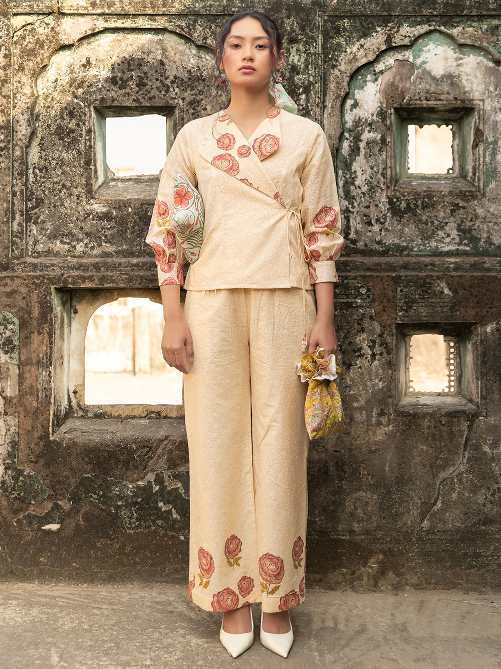 White Yellow Jaal Block Printed Cotton Shoulder Strap Dress