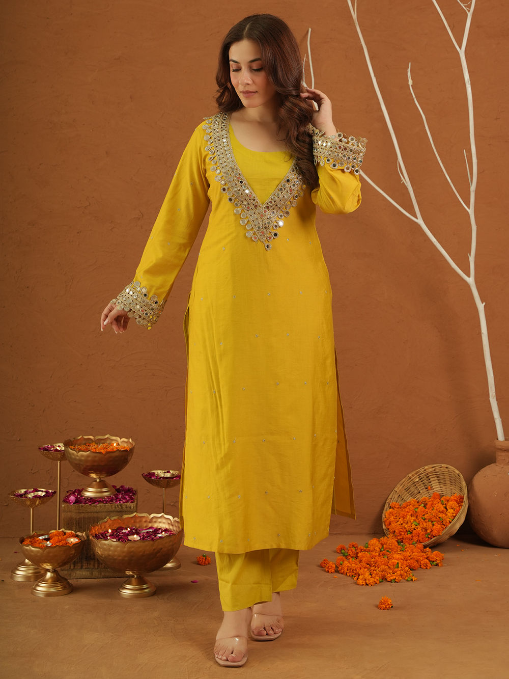 Yellow Chanderi Silk Pant Suit main image 0