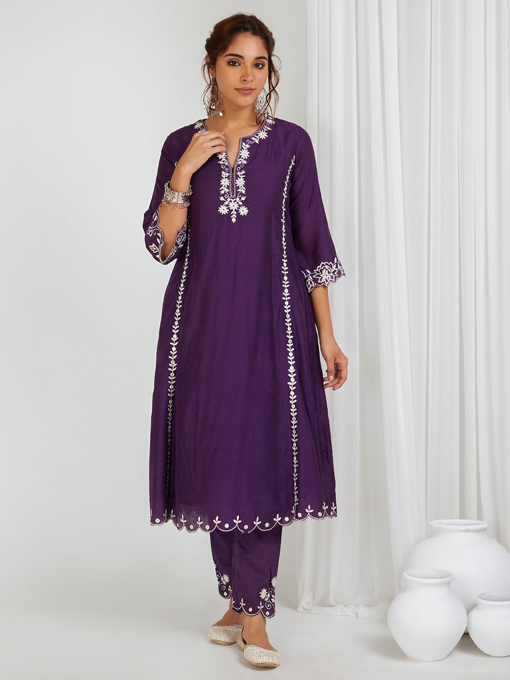 Grey Embroidered Chanderi Kurta