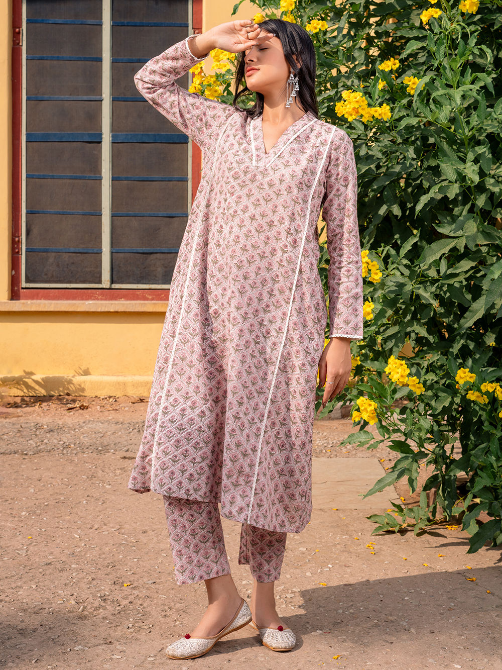 Beige Block Printed Cotton Slub Kurta, Pants And Dupatta Set main image 1