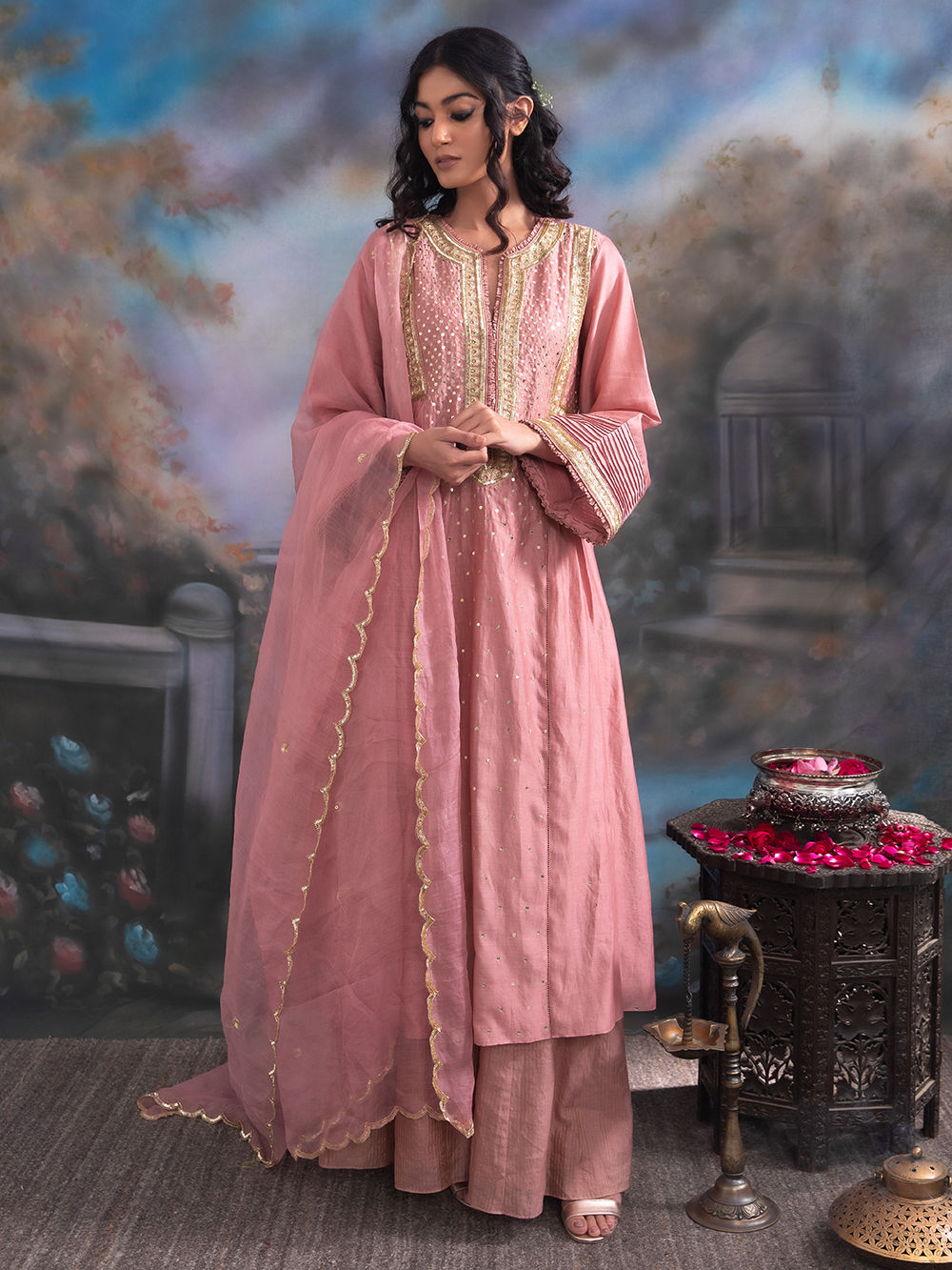 Pink Embroidered Chanderi Silk Suit Set