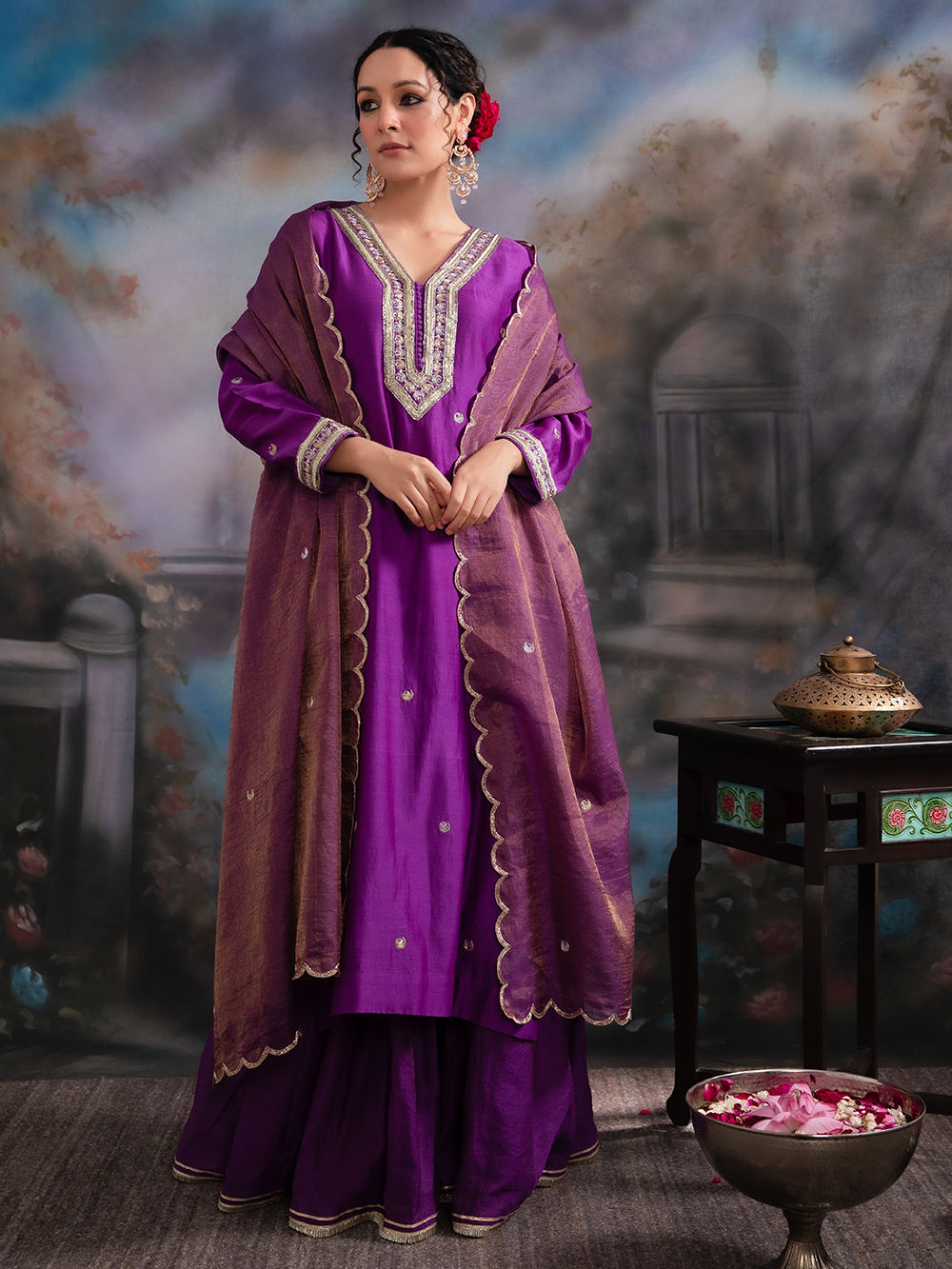 Pink Gaji Silk Printed and Handwork Sharara Suit main image 1