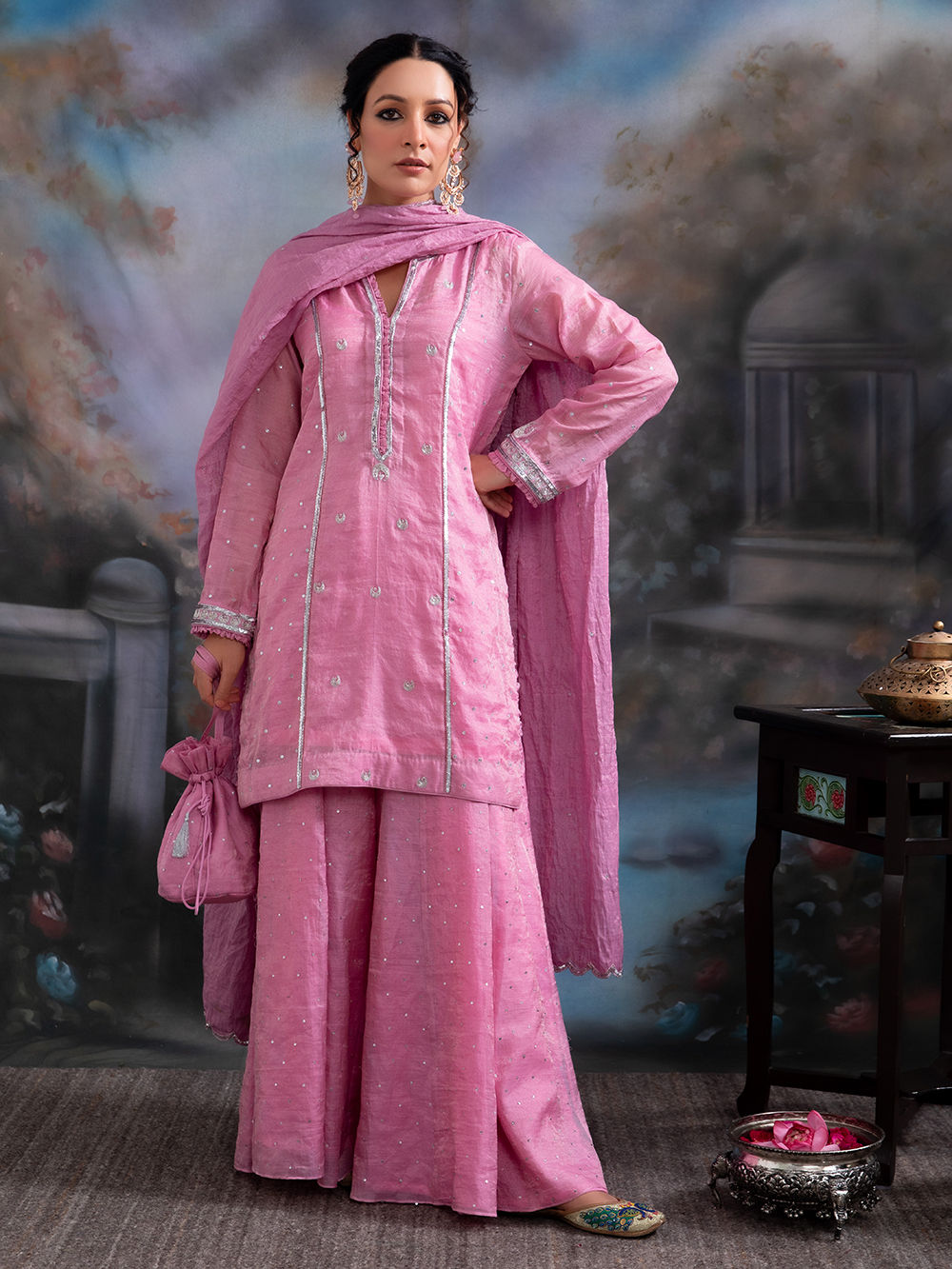Hot Pink Silk Suit Set with Gold Floral Embroidery main image 1