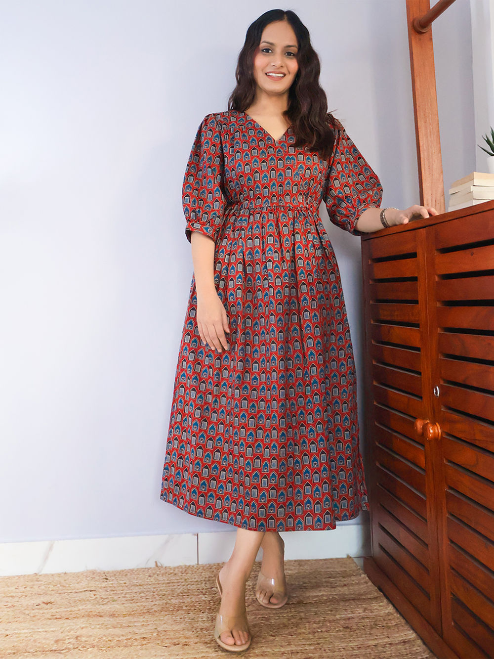 knee length dresses for ladies Kalamkari Handblock Printed Maternity Feeding Midi Dress main image 1