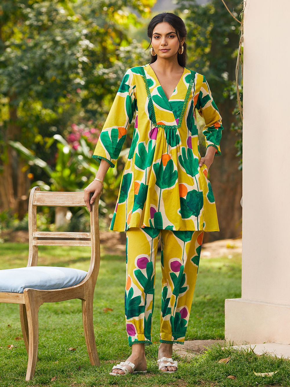 Yellow Printed Cotton Kurta Set With Jacket