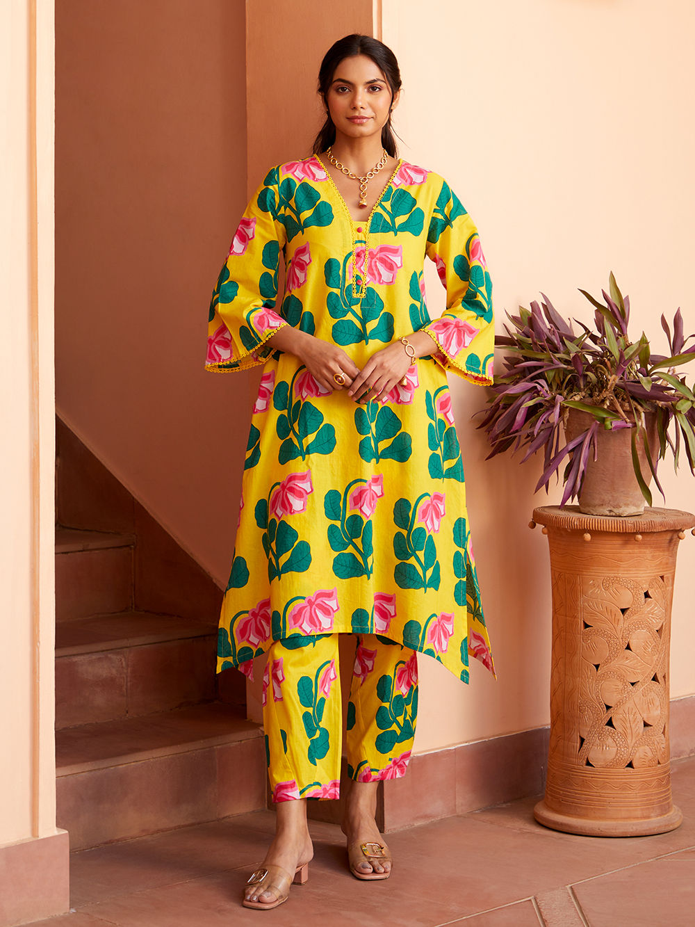 comfort fit cotton printed pants - yellow green ajrakh stripes main image 1