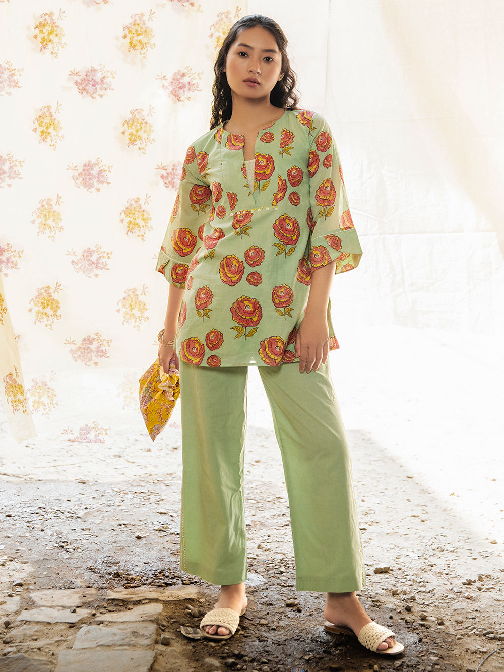 Foral Medallion Yellow ' Hand Block Printed Cotton Dress