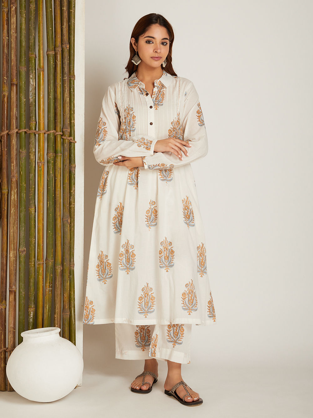 Maroon Leafy Block Printed Cotton Kurta