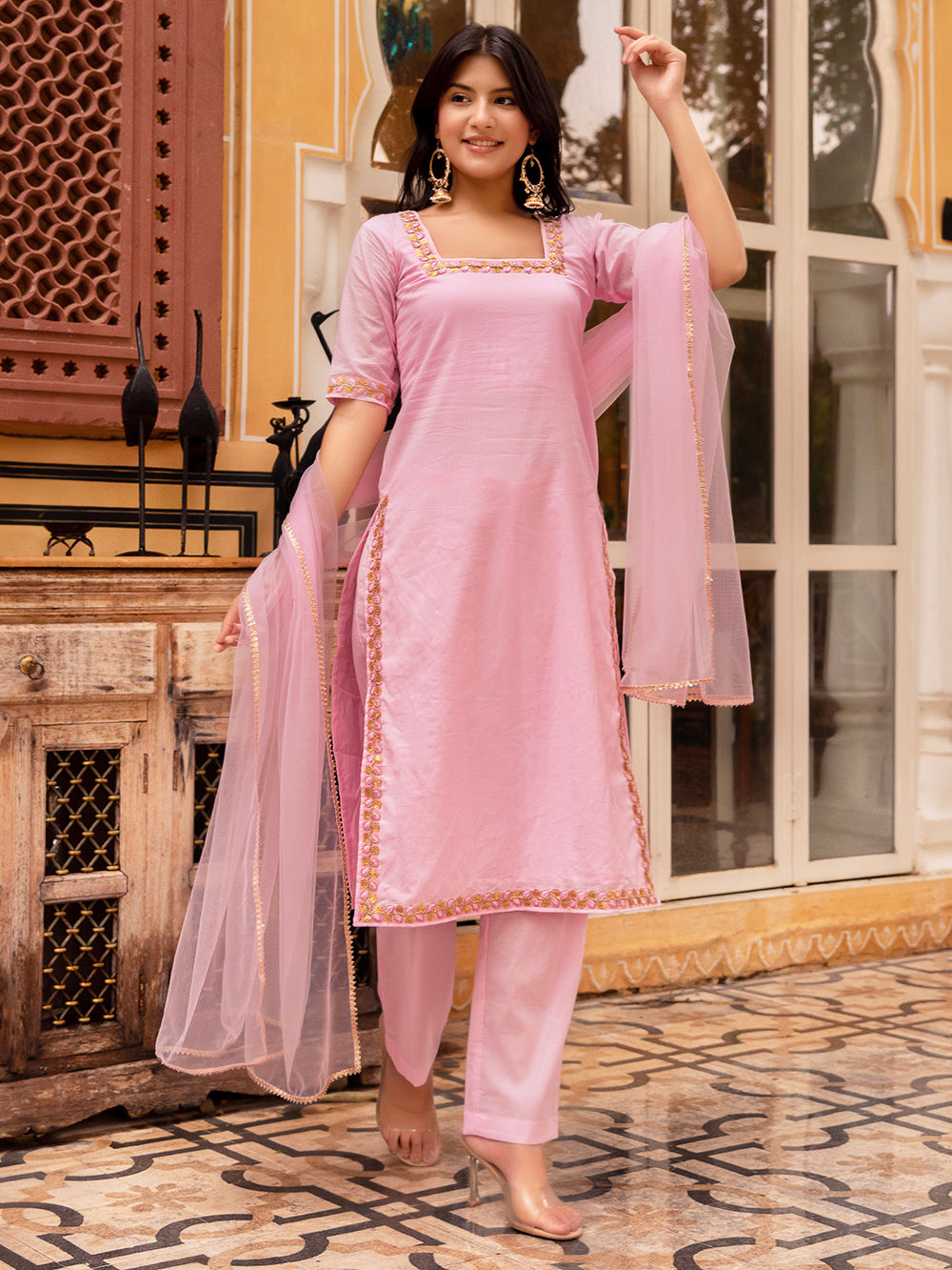 Yellow Embroidered Cotton Suit Set