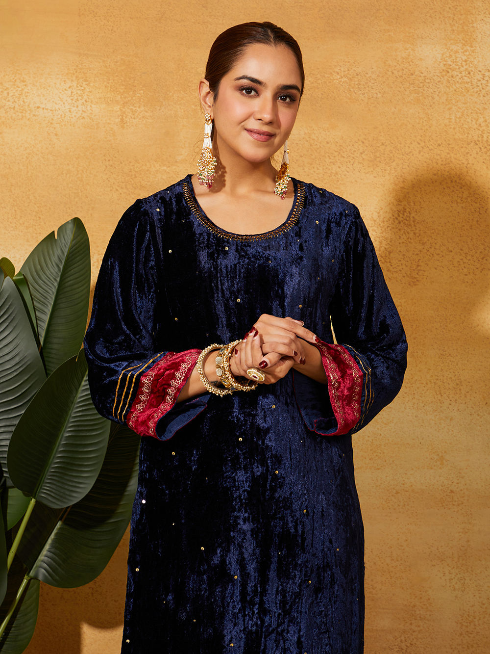 Girl Fuchsia Velvet Embroidered Gathered Kurta With Pants