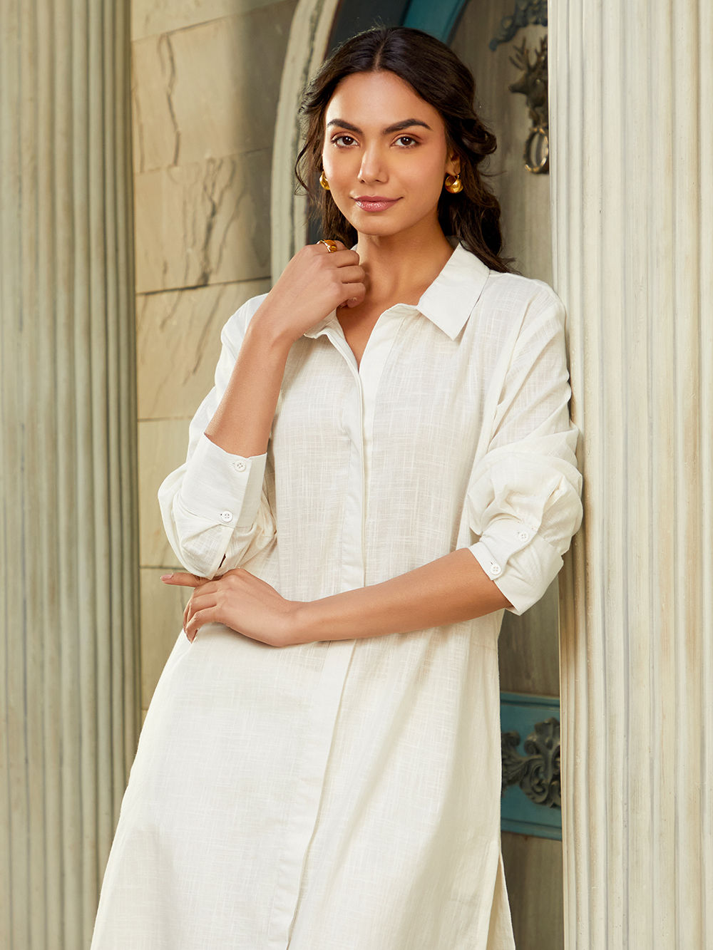 Premium Cotton Rose Print Kurta with Chevron Pants & Slip main image 1