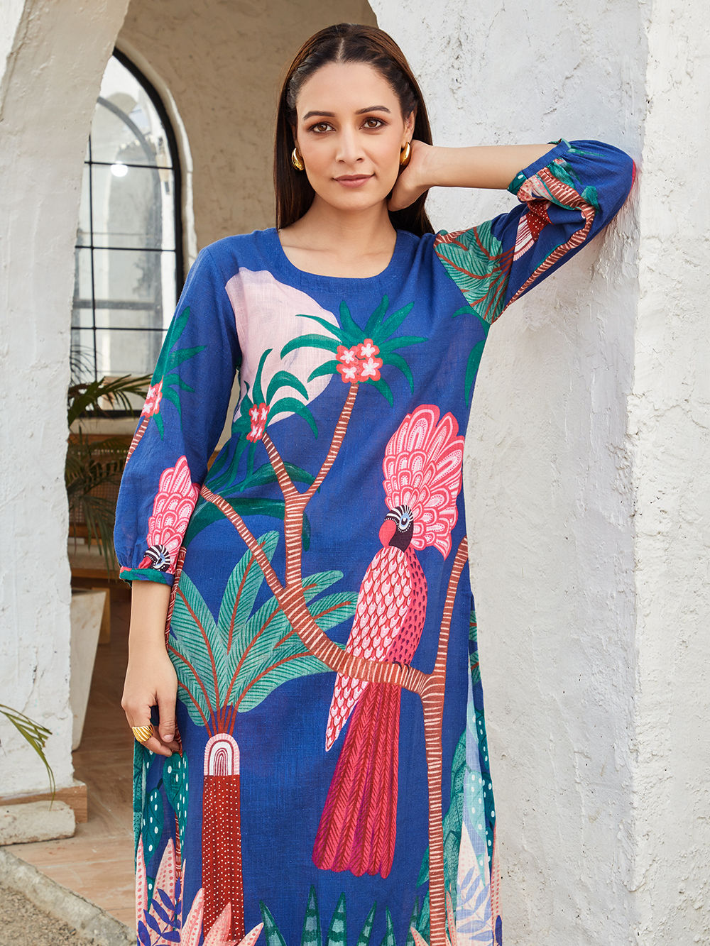 Dark Blue Half Sleeve Long Cotton Slub Kurta