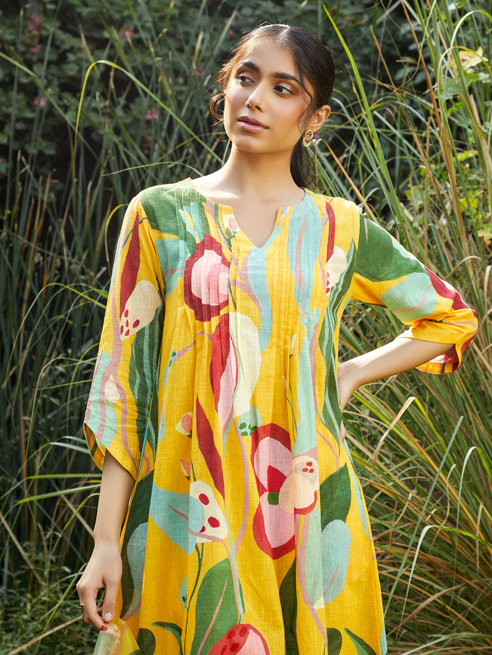 Women Yellow Printed Cotton Kurta Set
