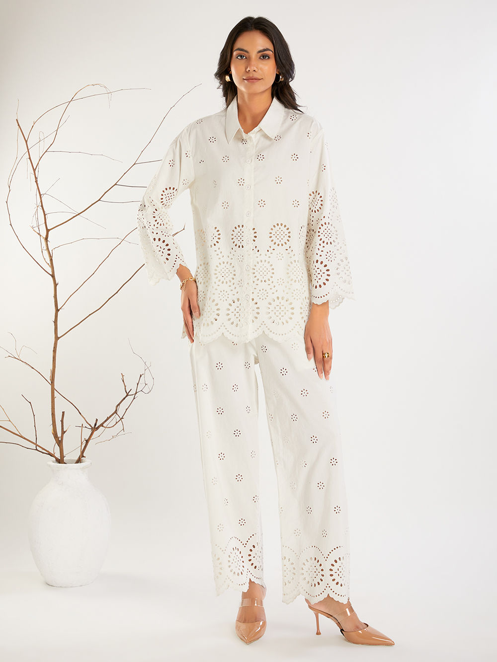 White Lace Work Cotton Dobby Pants