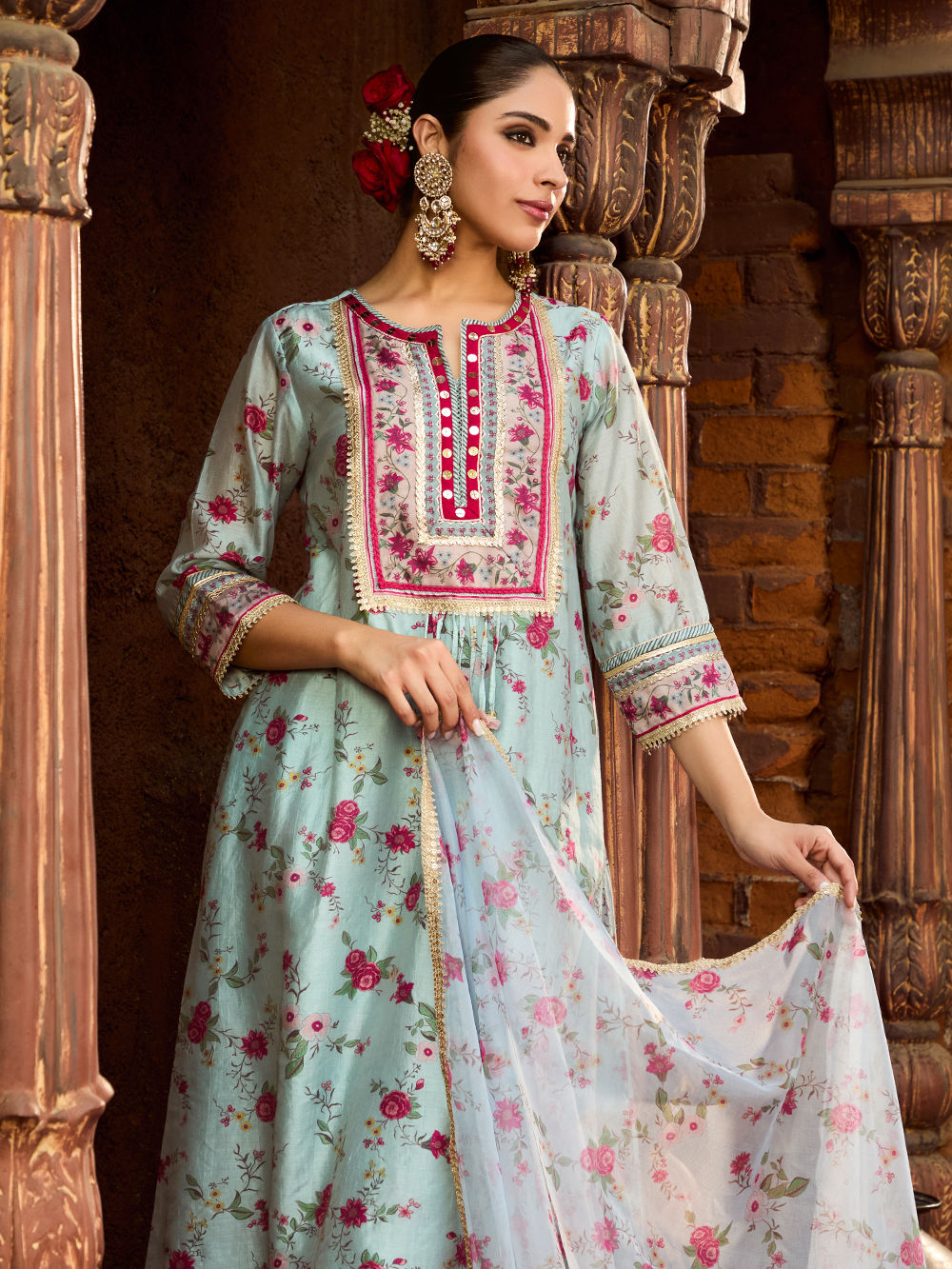 Women's Chanderi Embroidered Straight Kurta Pant With Dupatta