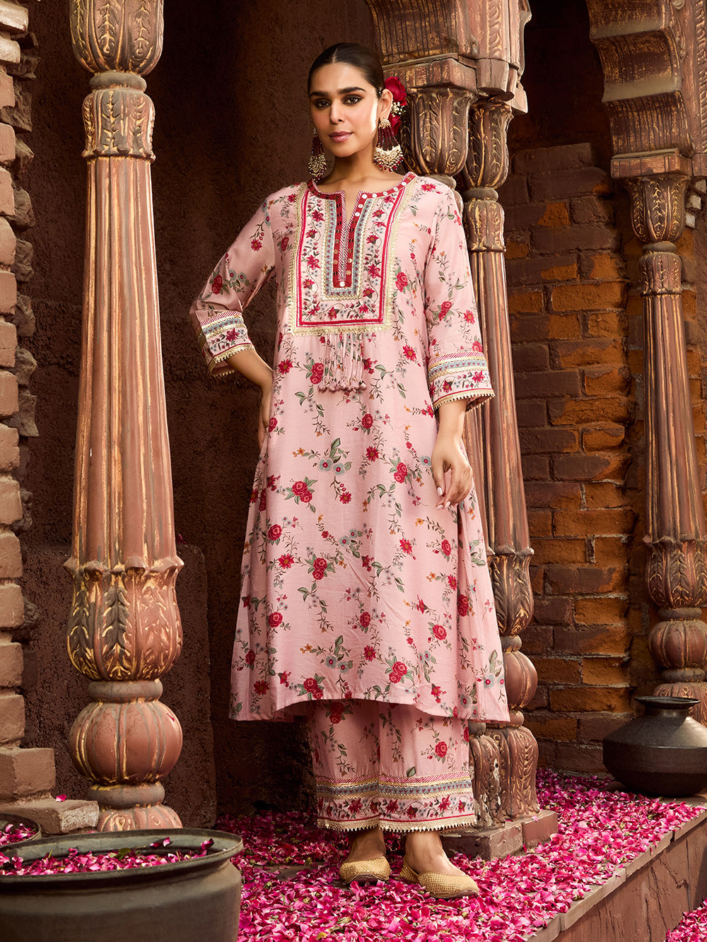 Fusia Yarn Dyed Printed Chanderi Butta Anarkali Kurta, Legging and Jacket Set