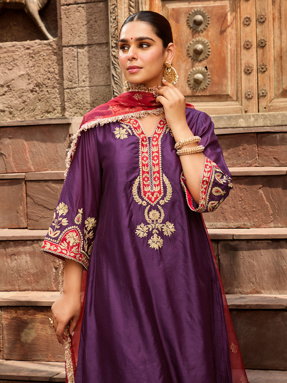 Women Purple Chanderi Cotton Embroidered Kurti With Pant And Duppata Set