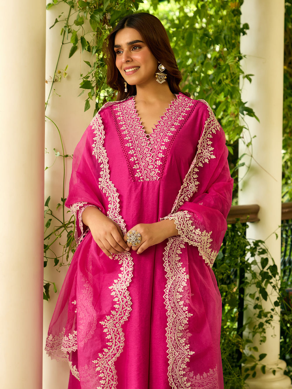 Women Purple Chanderi Hand embroidered Kurta with pant & Printed Dupatta