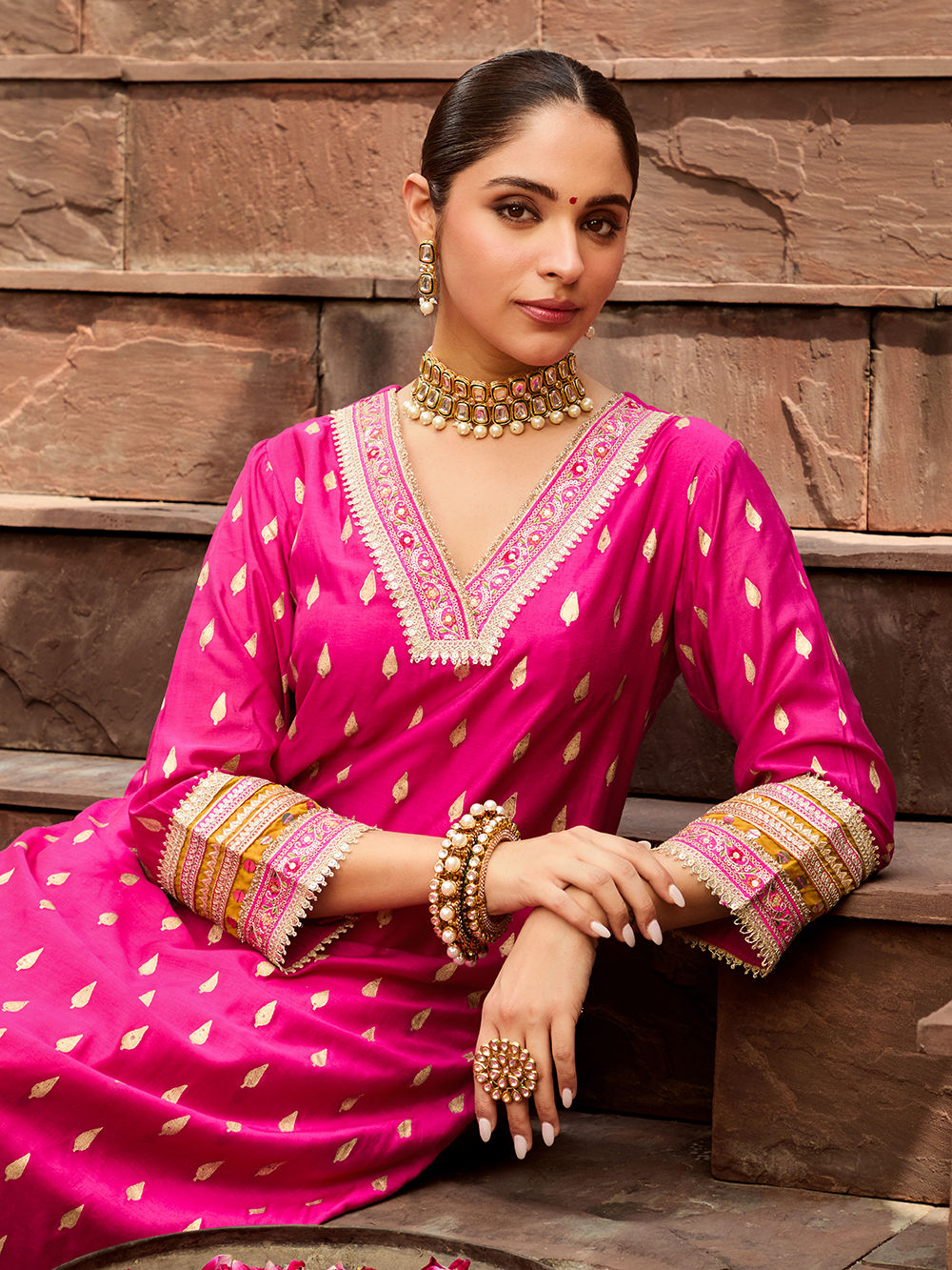 Purple Dori Embroidered Chanderi Kurta with Pants - Set of 2