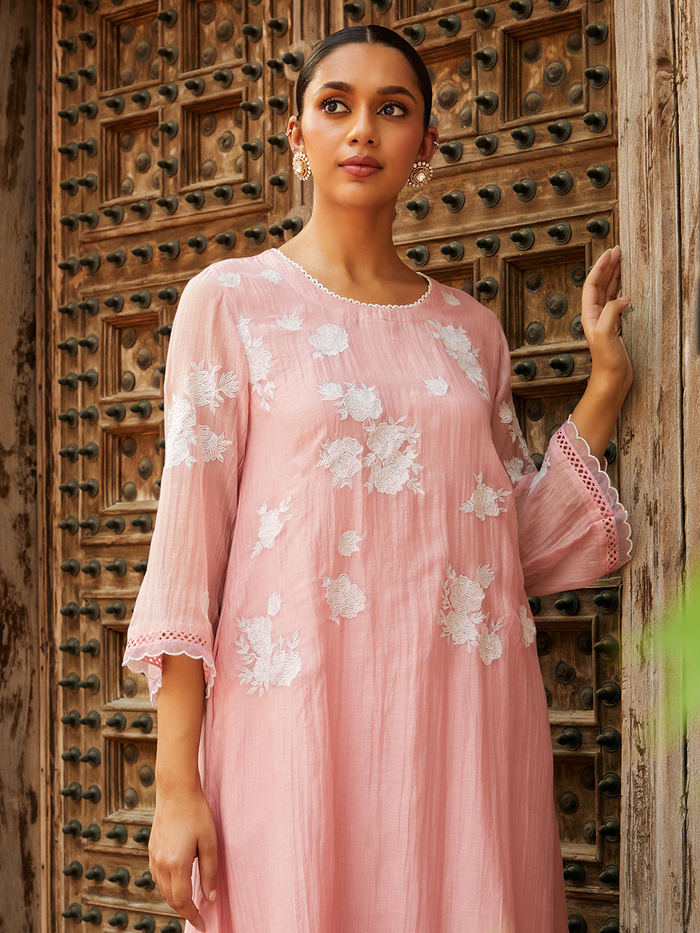 Women's Latest Beige Chanderi Embroidered Kurta Pant Set With Floral Detailing And Soft Dupatta