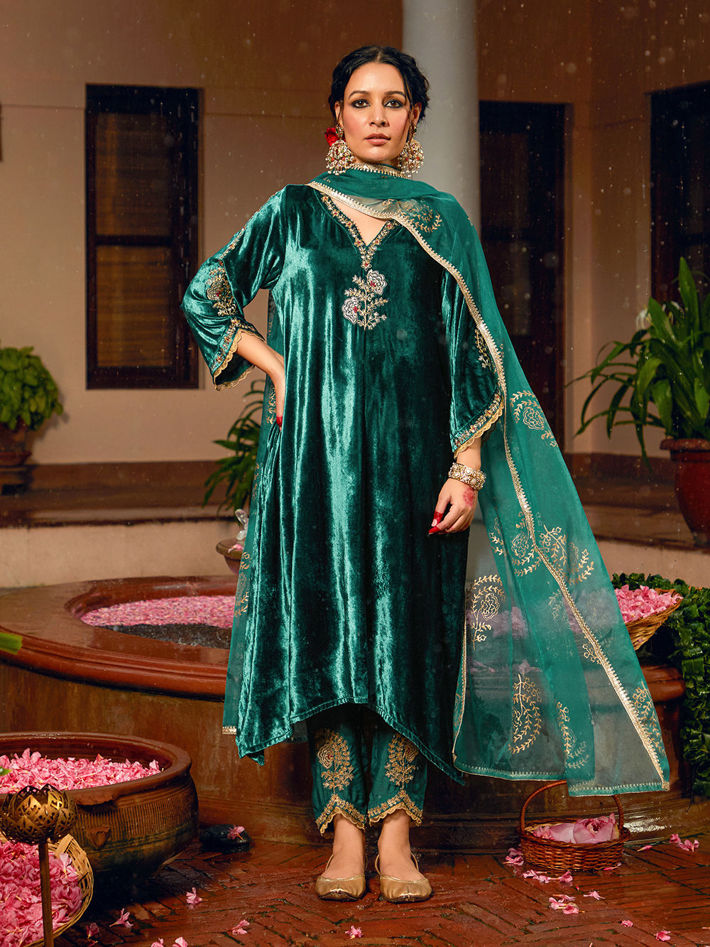 Teal Embroidered Velvet Kurta with Dupatta Set