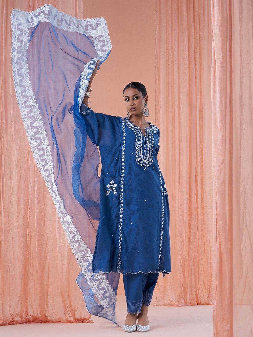 Set Kurta Chikankari Donna Sambhav | Con Pantaloni E Dupatta | Tessuto Viscosa Rayon