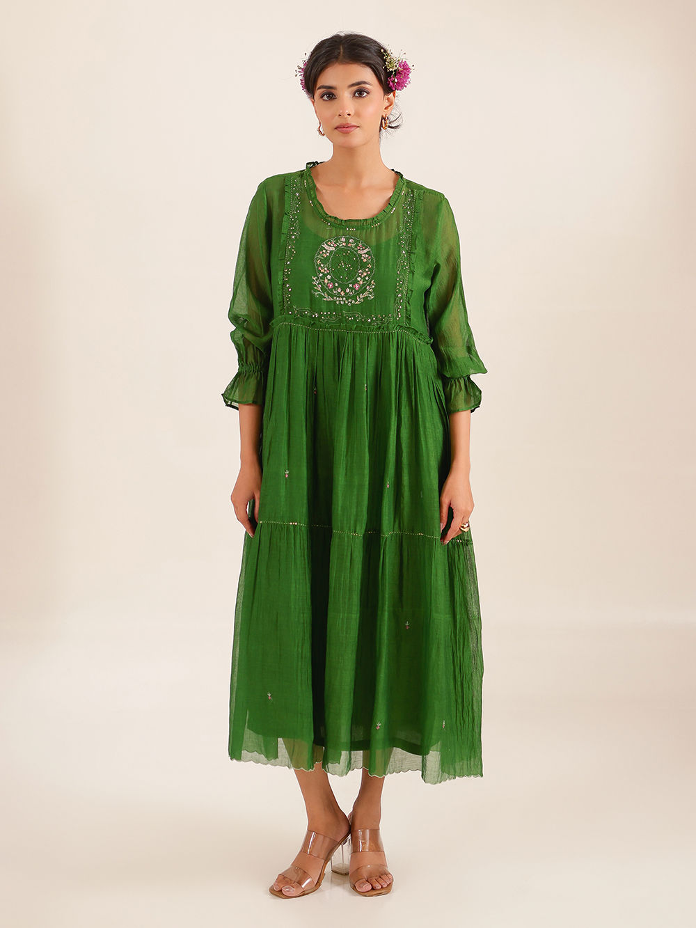 Rachel long Kaftan & Slip Dress - Delphi Chanderi - Nile Green main image 1
