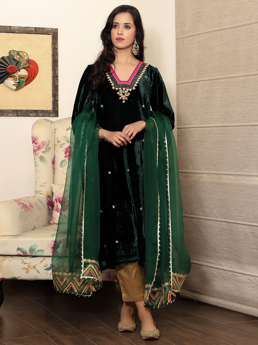 Heena Green A Line Hand Embroidered Velvet Suit