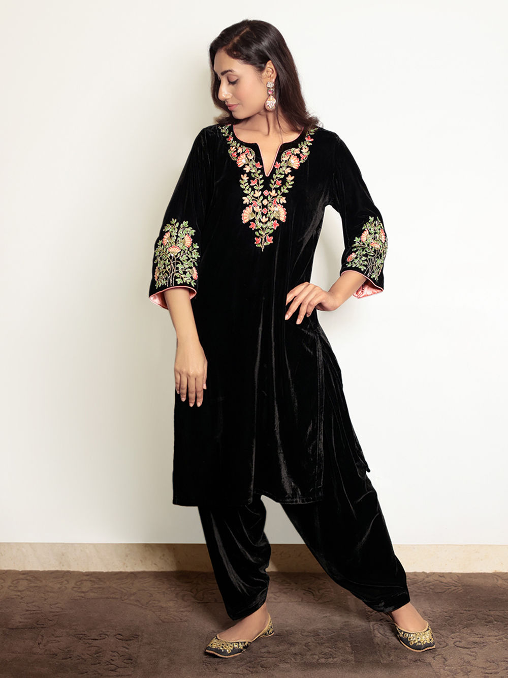 Black Embroidered Velvet Suit- Set of 3