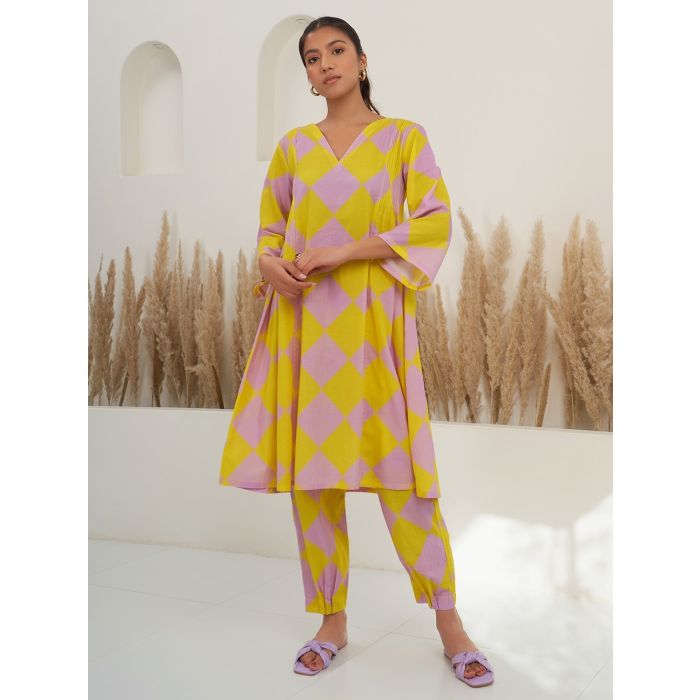 Light Yellow Solid Thread Embroidered Pure Cotton A-Line Kurta and Straight Pant Set