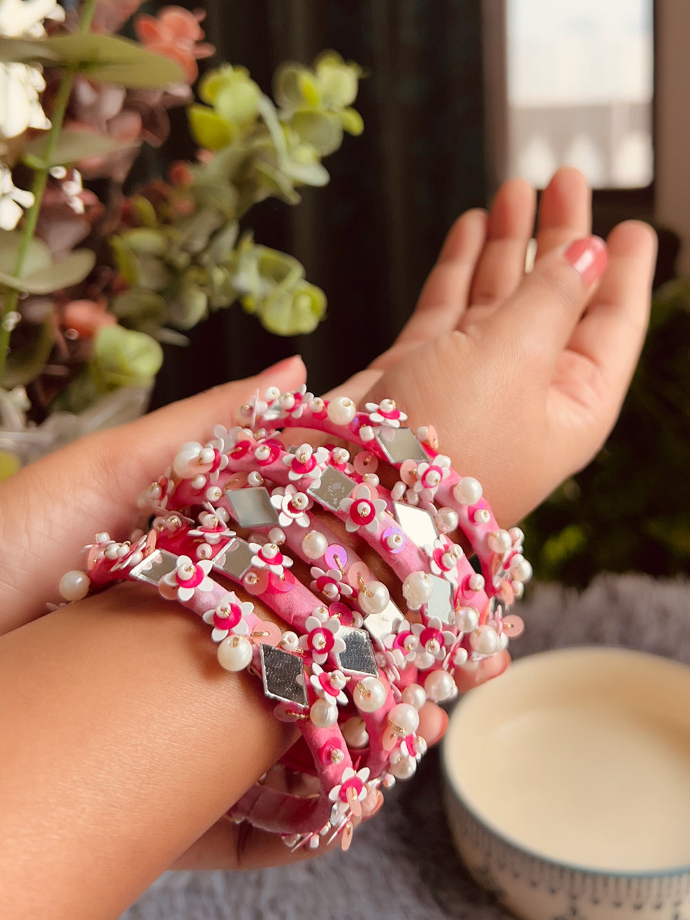 Pink Handcraft Pink Hand Embroidered Handcrafted Glass Bangles - Set of 5