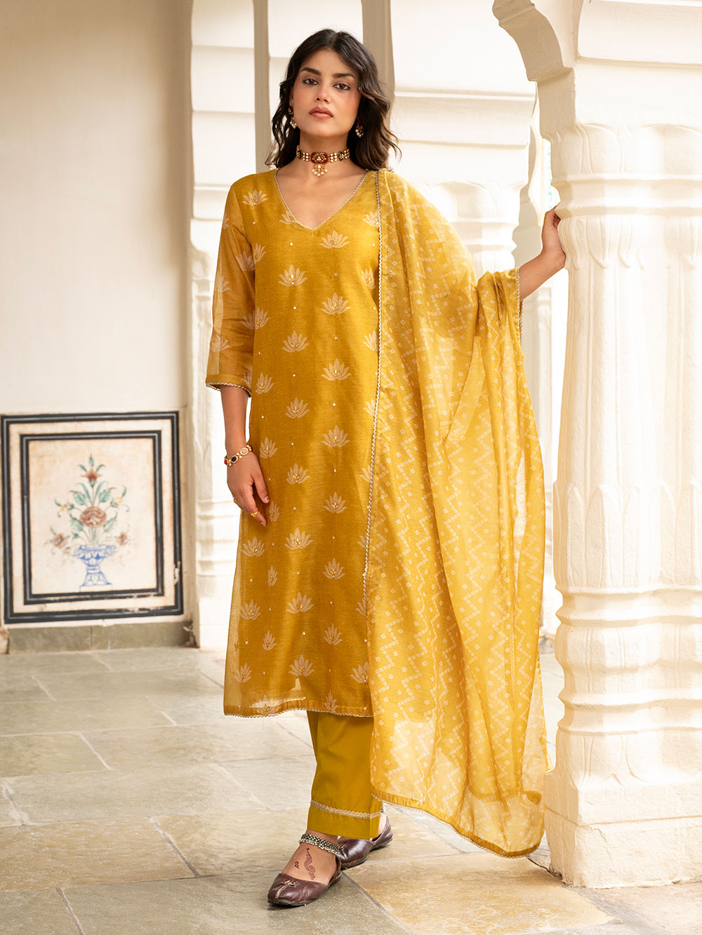 Pure Modal Mustard Yellow Bandhej Bandhani Shibori work Three Piece Suit Set MODB04