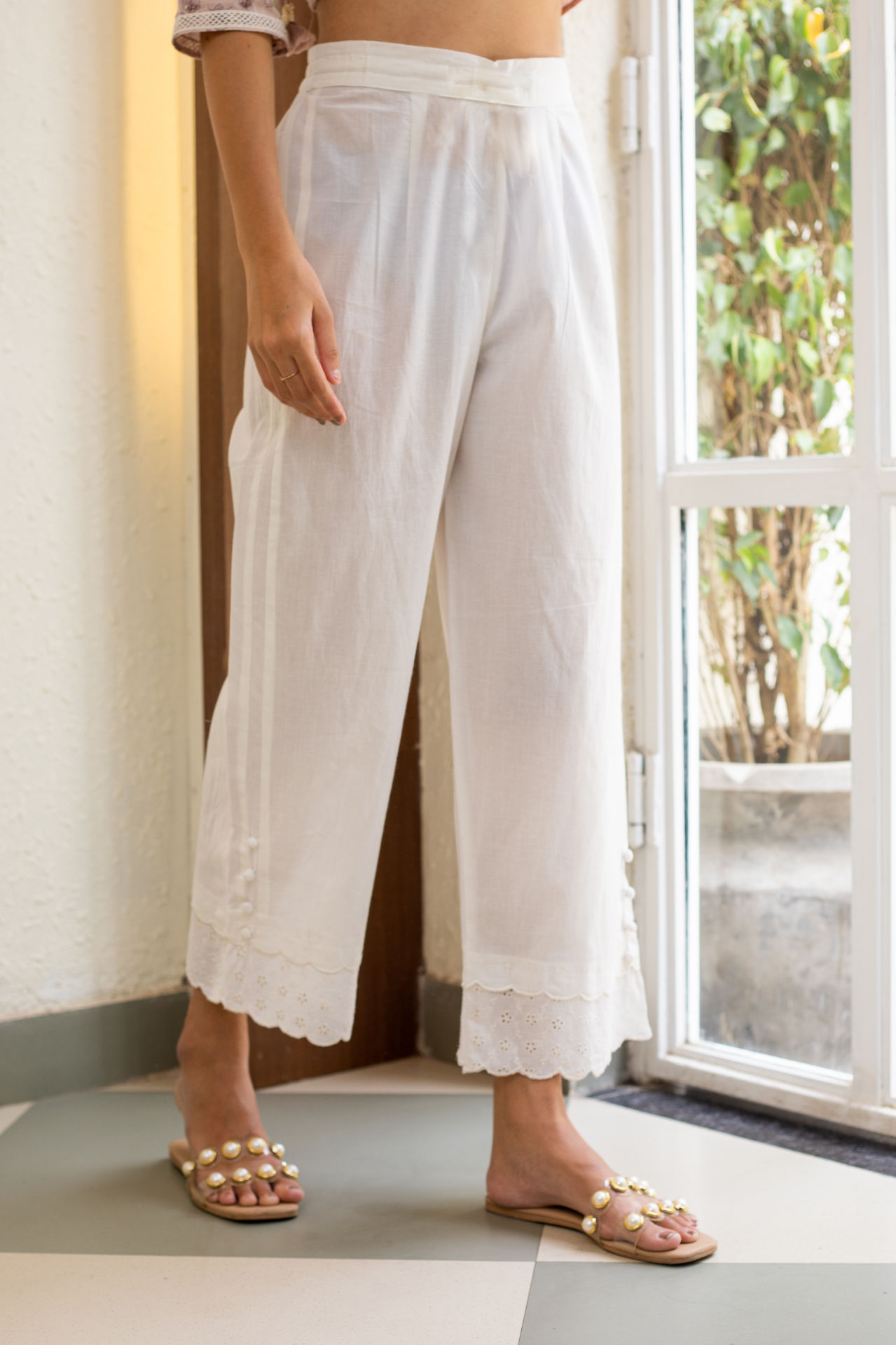 White Schiffli Embroidered Cambric Cotton Scalloped Pants