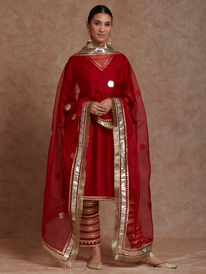 Red - Gota Work Fine Tissue Zari Straight Plain Kurta for women 09
