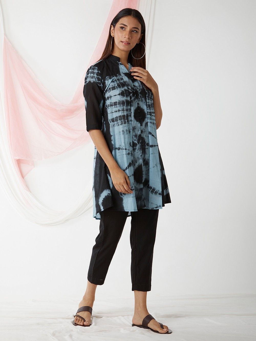 Black Sky Blue Tie and Dye Cotton Mulmul Tunic