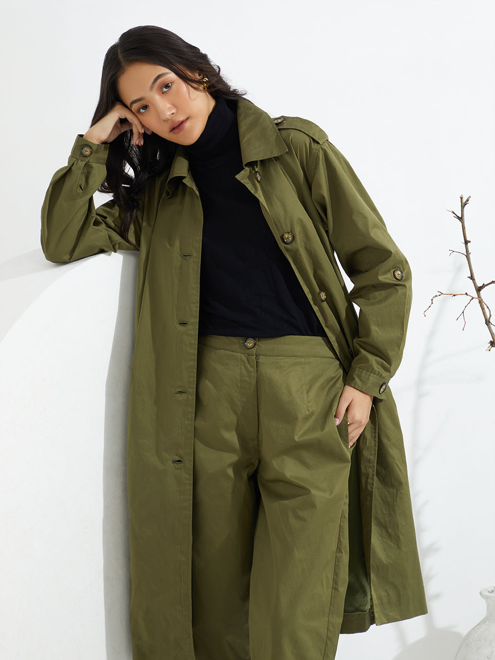 Buy Olive Green Twill Trench Coat with Belt and Pants - Set