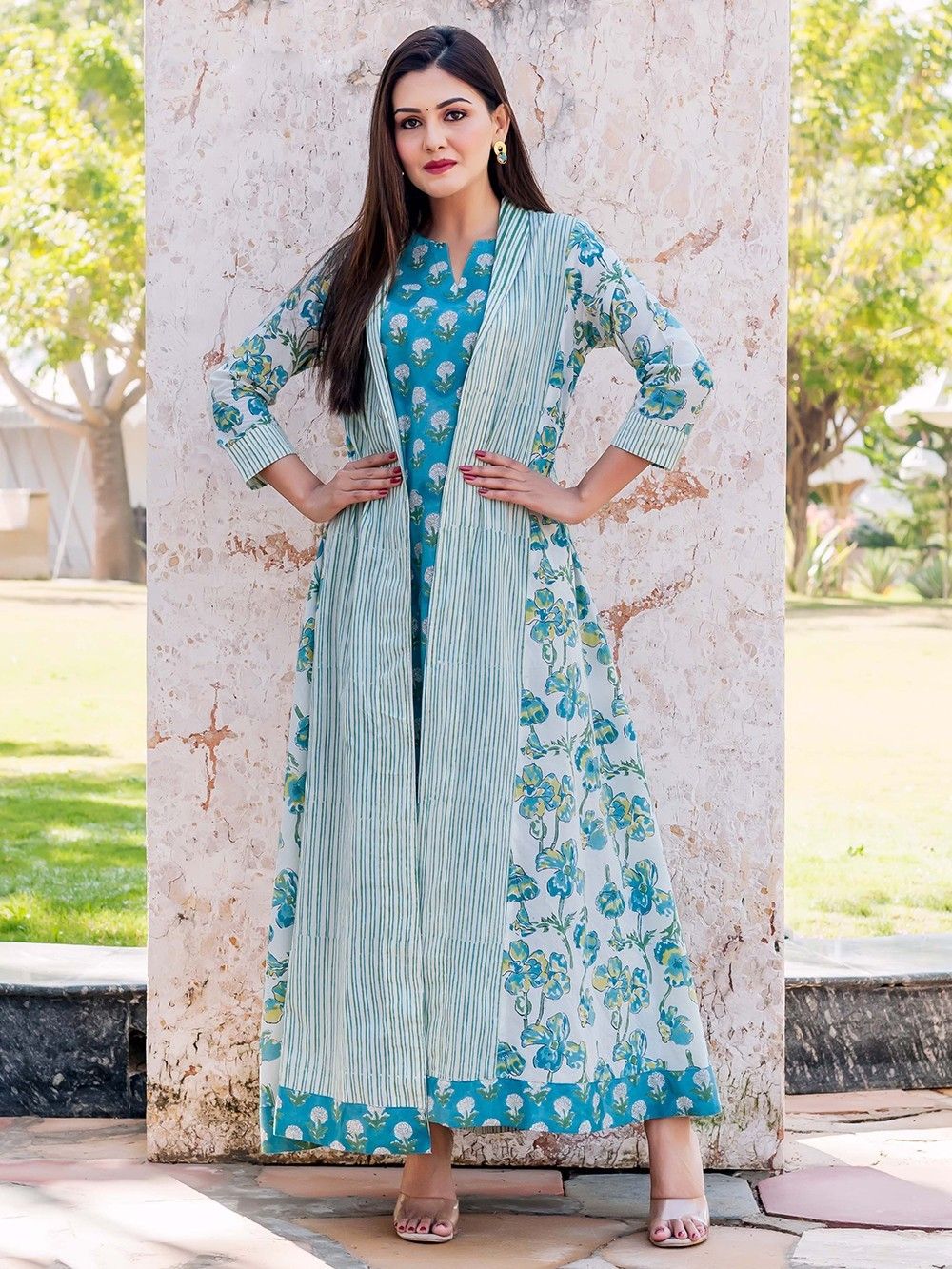 Blue Hand Block Printed Cotton Dress with Jacket- Set of 2