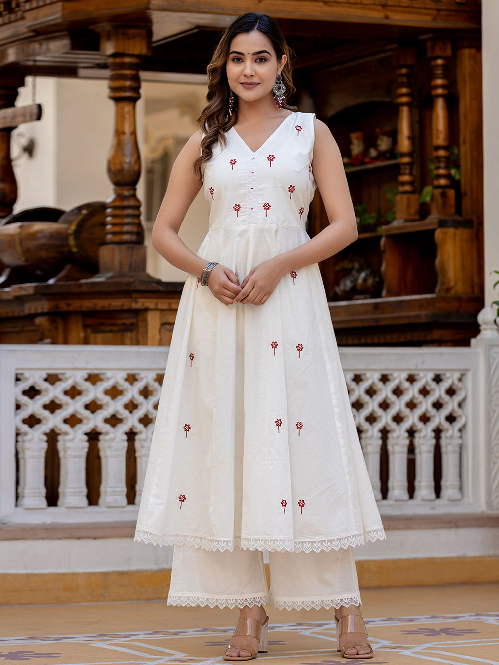 White Embroidered Cotton Kurta with Palazzo- Set of