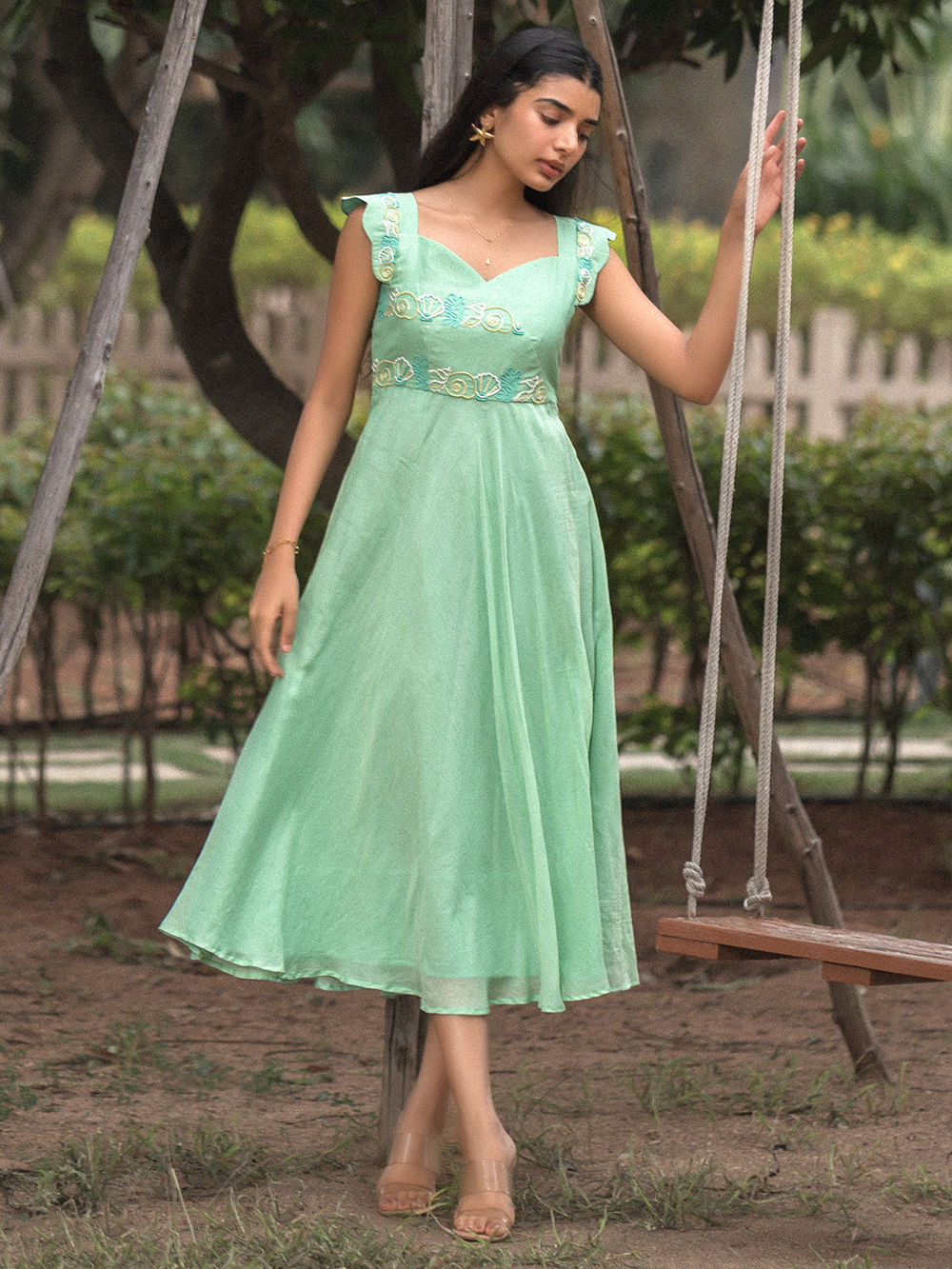 green emerald velvet dress Pista Green Georgette Long Dress main image 1