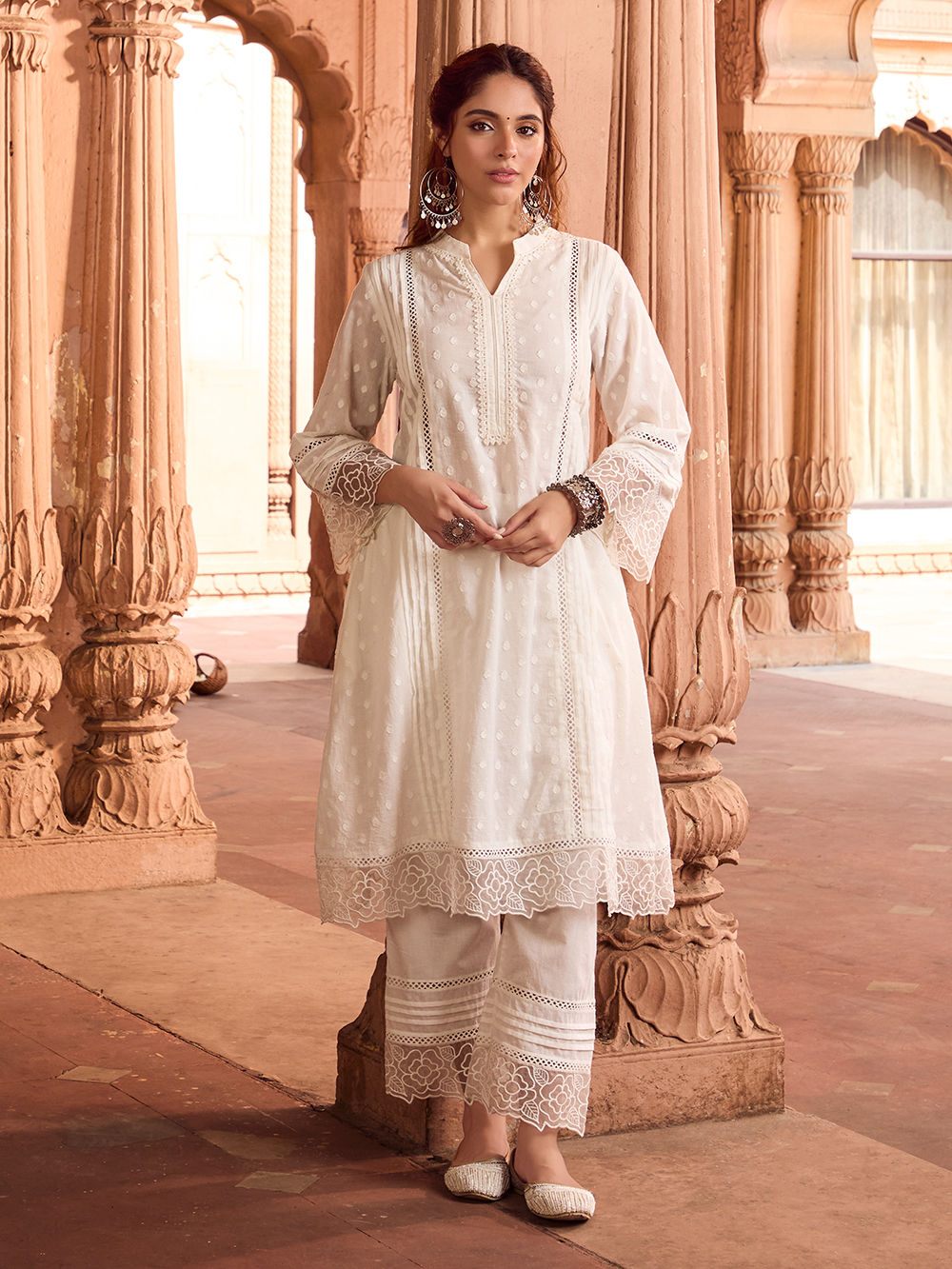 White Lace Work Cotton Dobby Pants