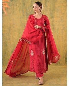 Red Embroidered Silk Suit - Set of 3