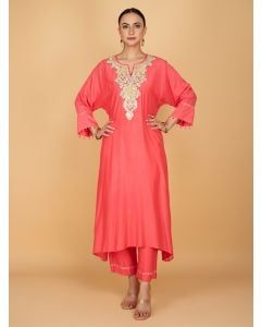 Coral Hand Embroidered Cotton Silk Kurta with Pants- Set of 2