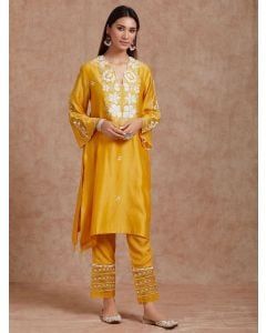 Yellow Chikankari Chanderi Kurta with Pants-Set of 2