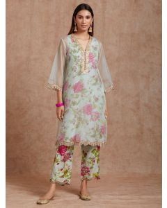 Green Printed Organza Kurta with Pants- Set of 2